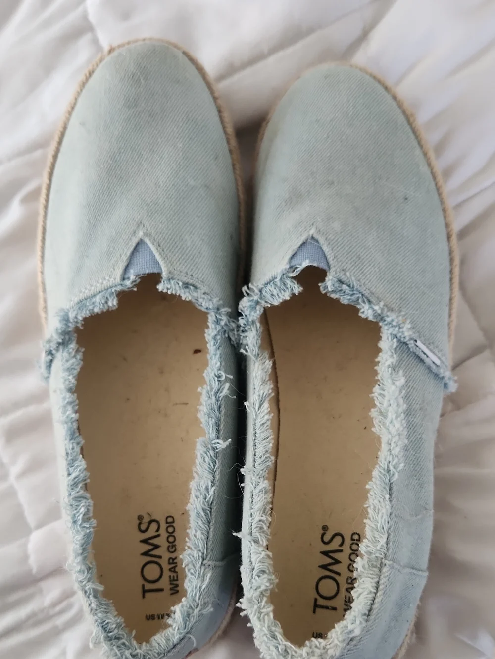 TOMS Light Blue Frayed Slip-On Espadrilles,size 8.5